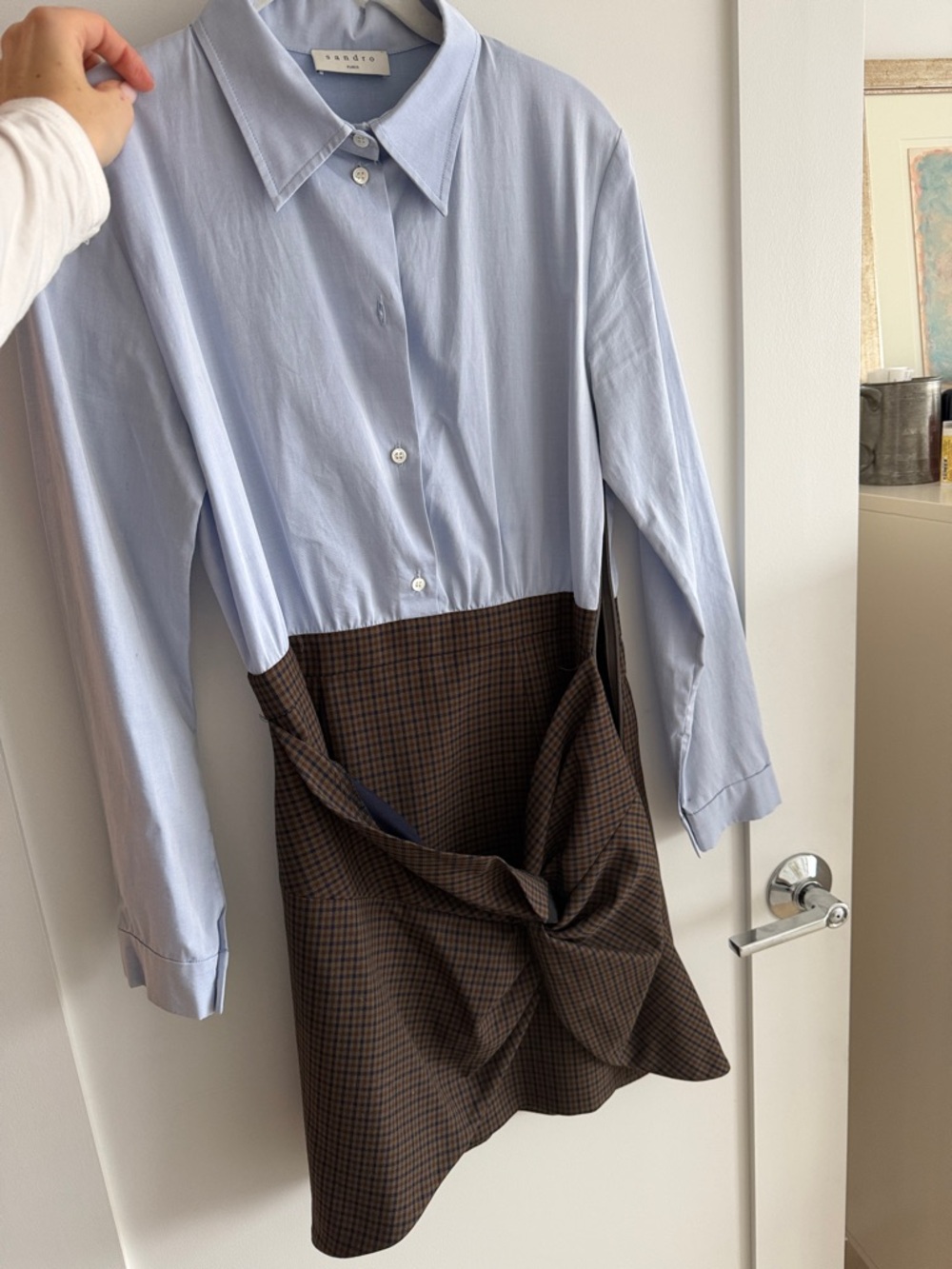 Sandro Two-Tone Blue Shirt and Brown Checked Skirt Dress
